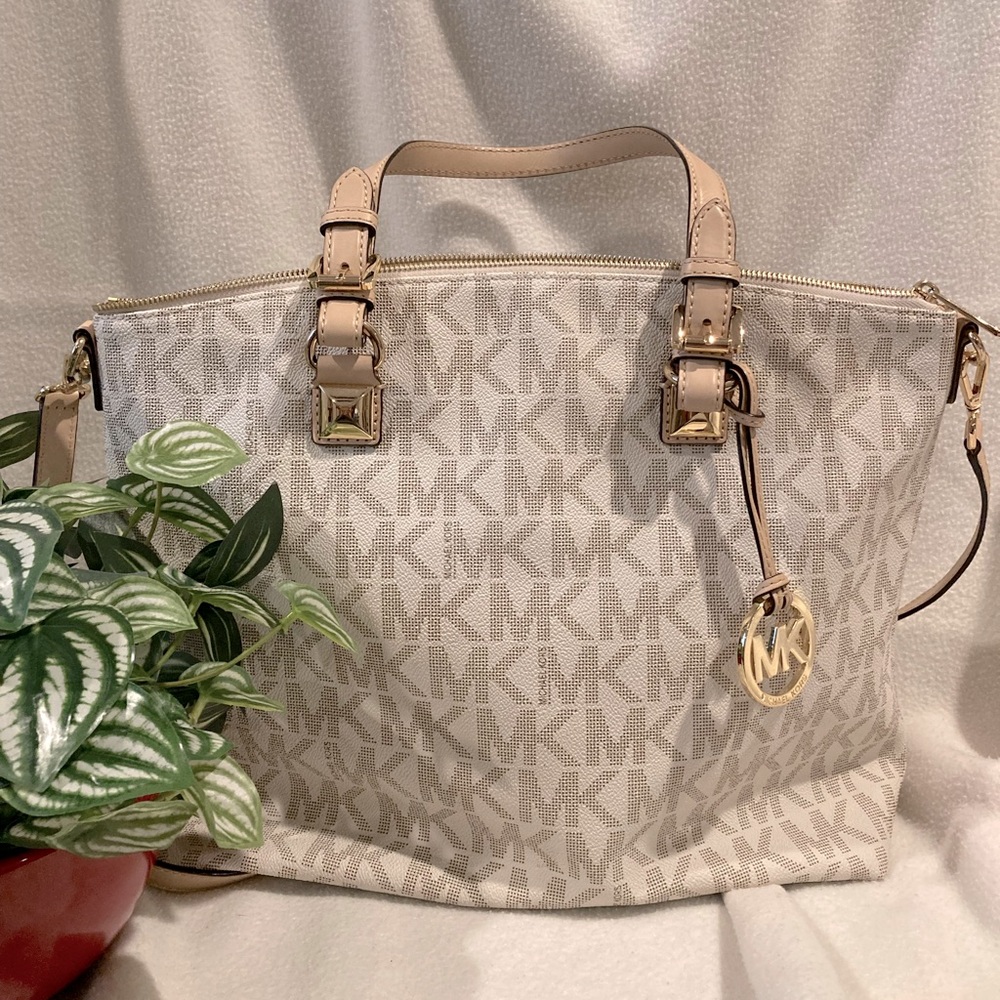 MICHAEL by Michael Kors ivory coated canvas and leather jet set zip tote